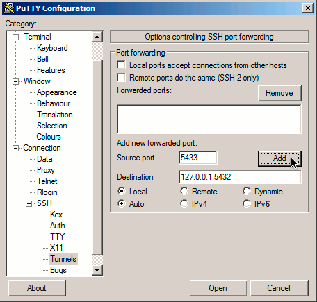 PuTTY tunnels screen on Windows 7 PuTTY tunnels screen on Windows 7