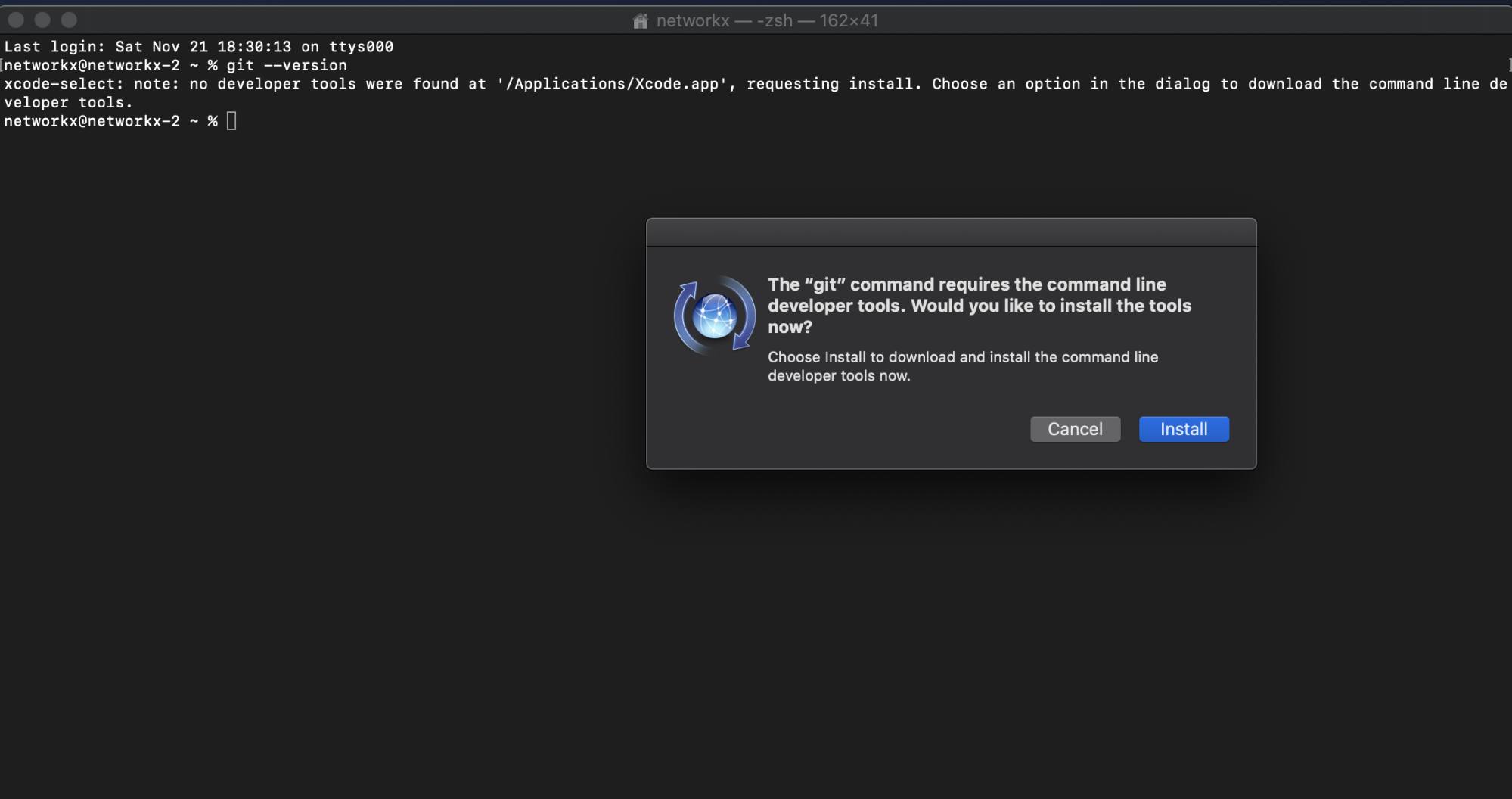 The “git” command requires the command line developer tools. The “git” command requires the command line developer tools.