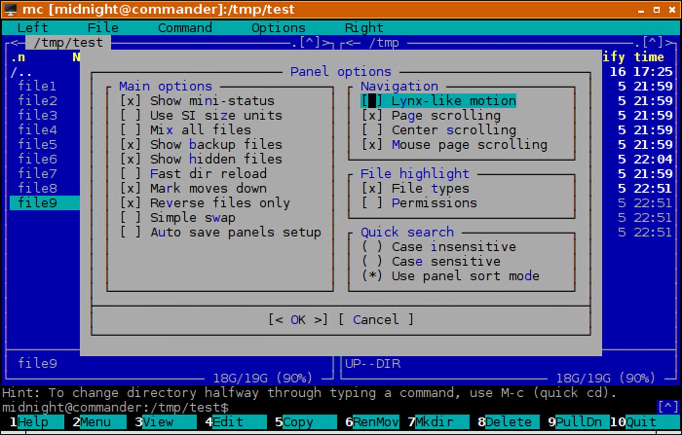 Midnight Commander Panel Options Midnight Commander Panel Options
