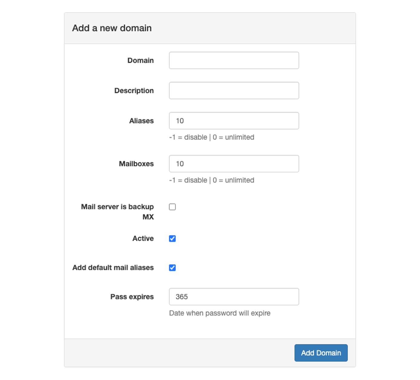 The PostFixAdmin ne domain creation page. The PostFixAdmin ne domain creation page.