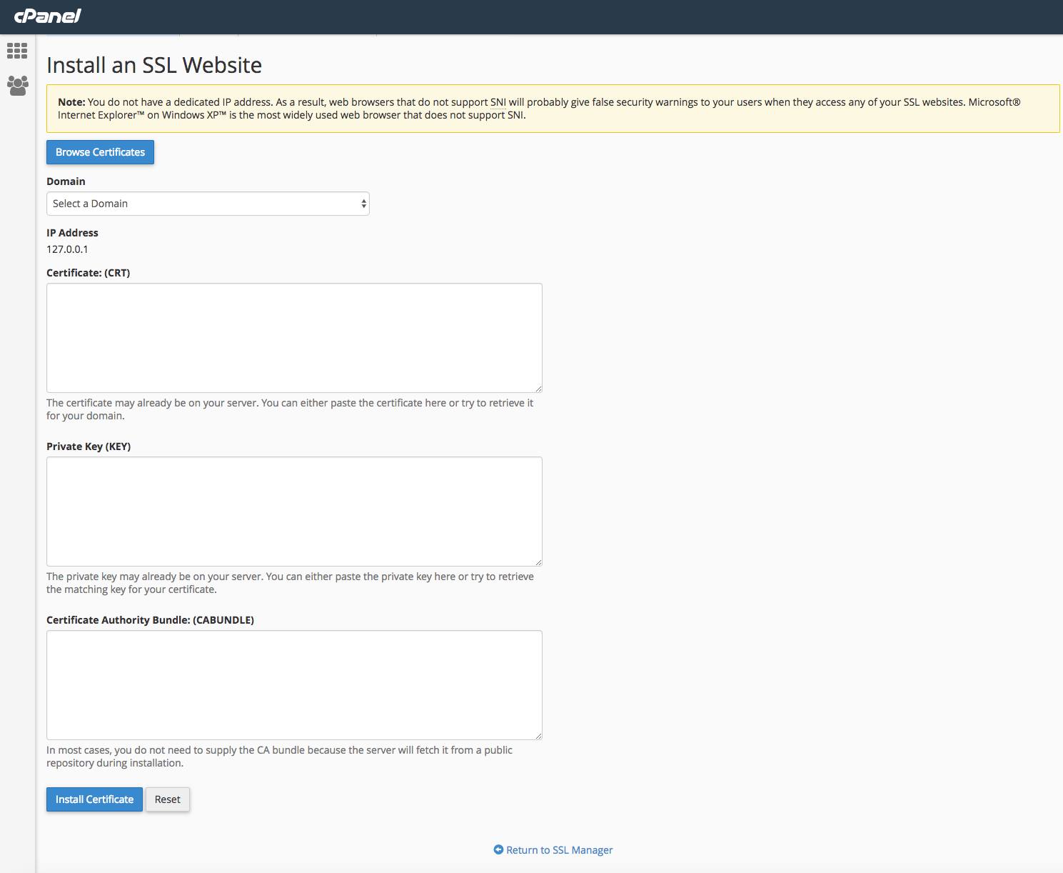 cPanel Install SSL form. cPanel Install SSL form.