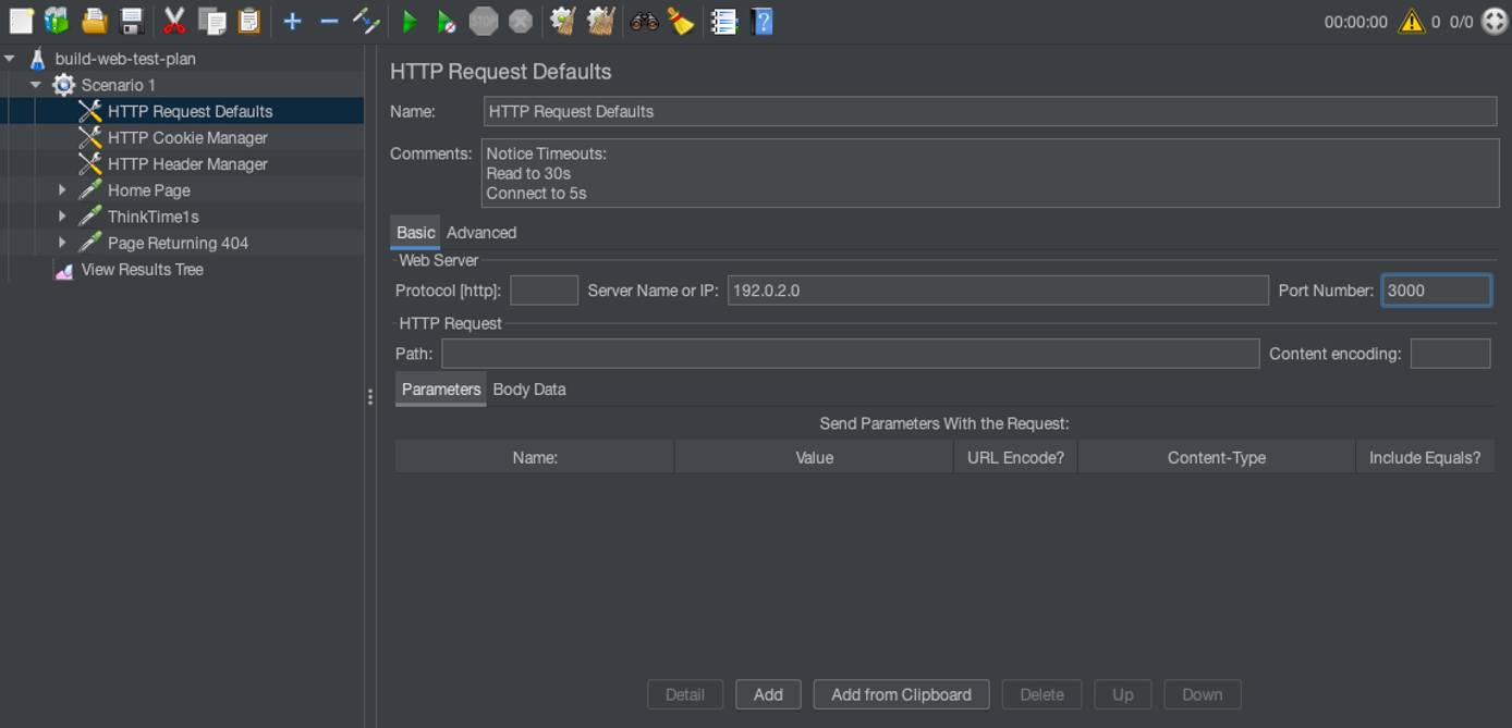 Adjusting the HTTP request defaults for a JMeter test plan. Adjusting the HTTP request defaults for a JMeter test plan.