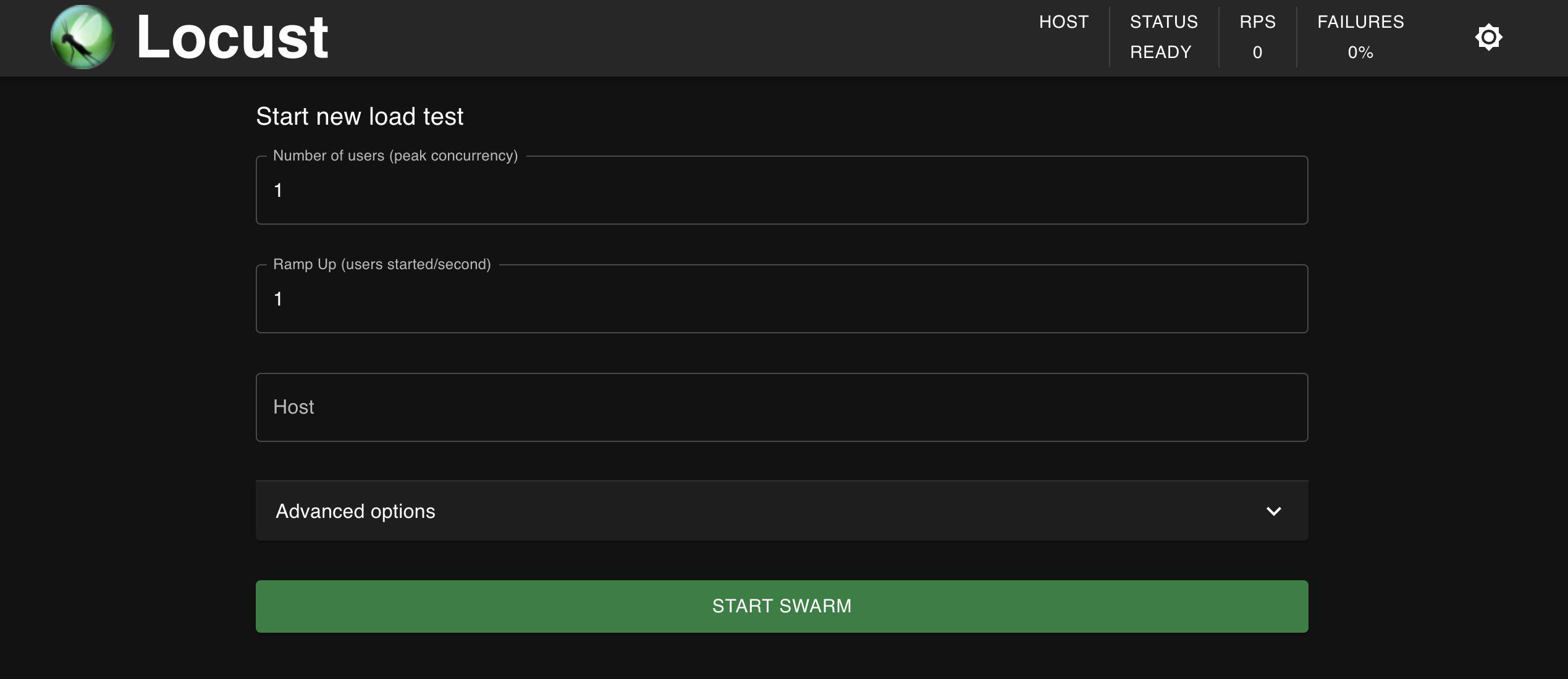 Main page for running a Locust load test Main page for running a Locust load test