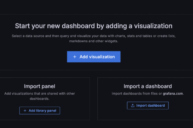 Grafana interface showing the Add Visualization dialog for creating a new graph. Grafana interface showing the Add Visualization dialog for creating a new graph.