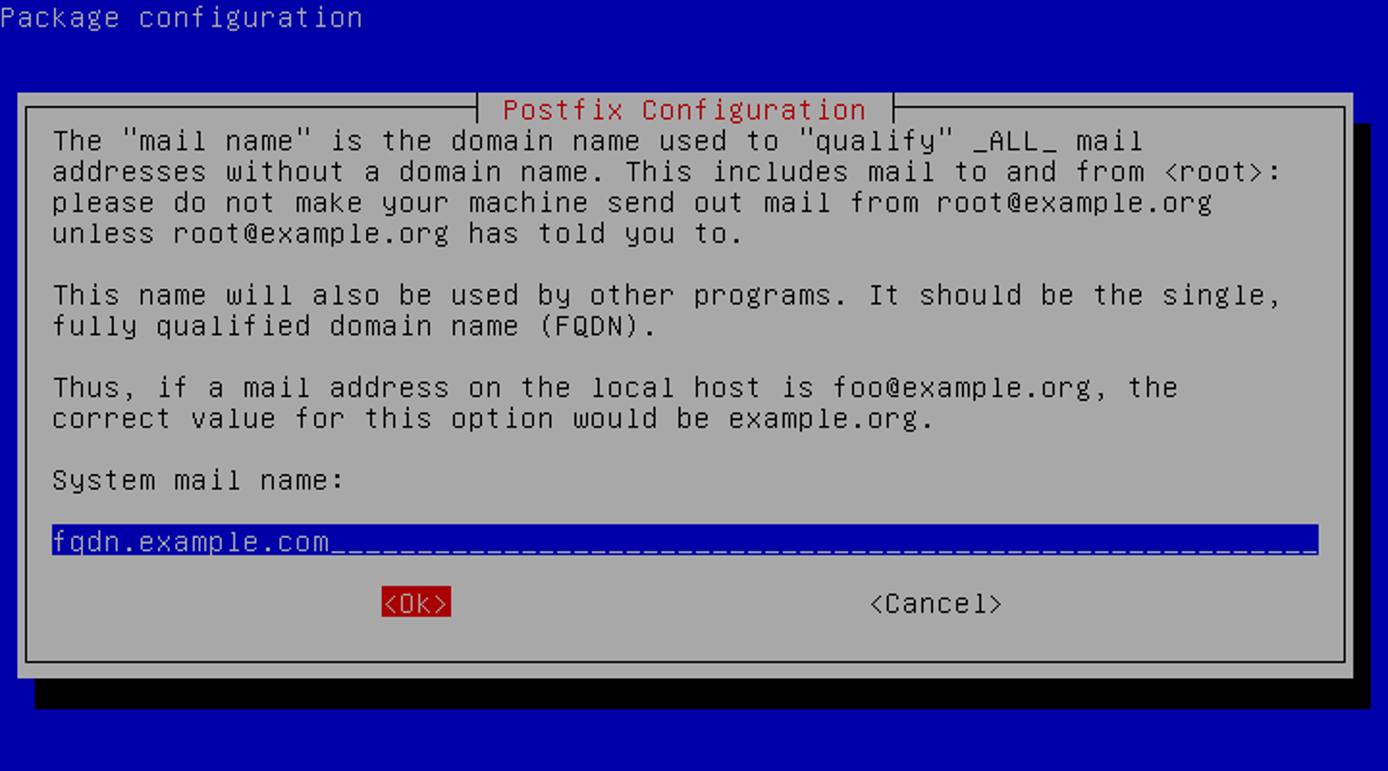 Postfix configuration, System mail name prompt Postfix configuration, System mail name prompt