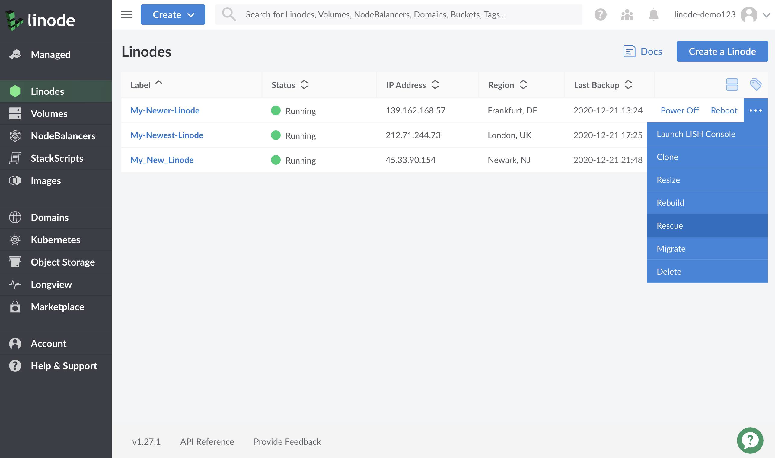 Cloud Manager Linodes page - rescue option highlighted Cloud Manager Linodes page - rescue option highlighted