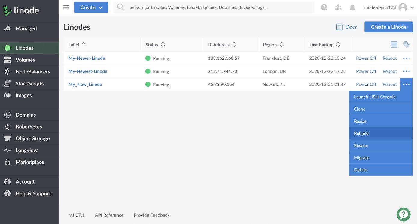 Cloud Manager Linodes page - rebuild option highlighted Cloud Manager Linodes page - rebuild option highlighted